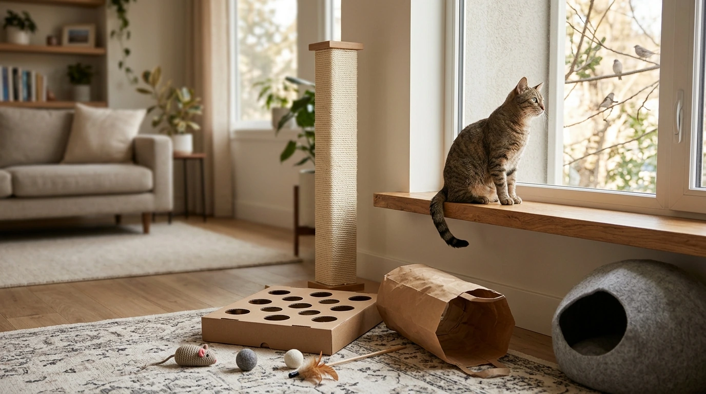Indoor Cat Enrichment: DIY Toys, Play Routines & Home Tips