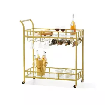 Gold Bar Cart: Lockable Wheels & Tempered Glass Shelves